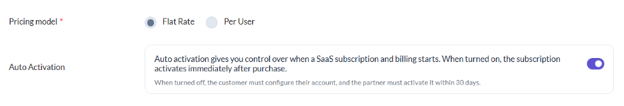 SaaSify WebApp view for configuring Auto Activation on a Microsoft Marketplace SaaS plan.