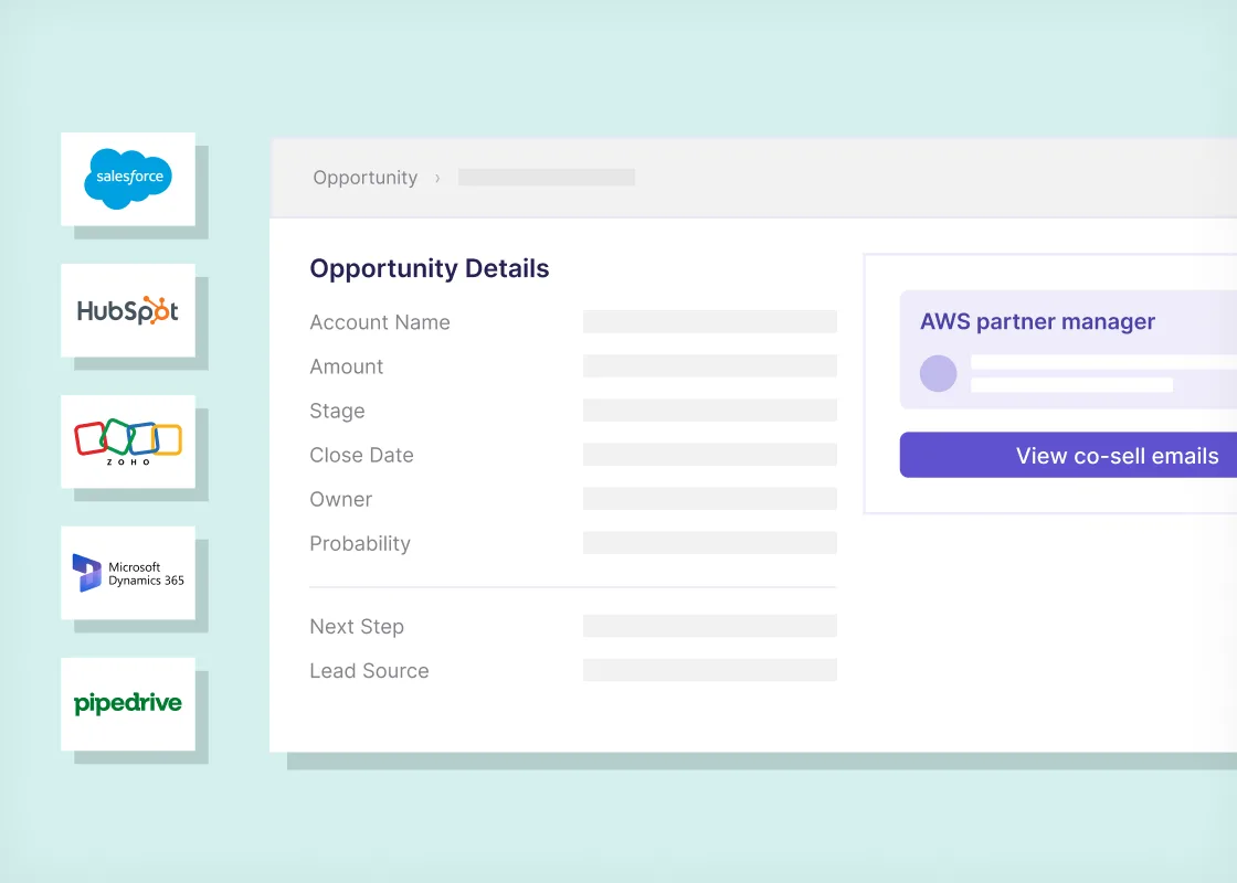 CRM opportunity with an AWS partner manager card and co-sell emails, plus five supported CRM logos
