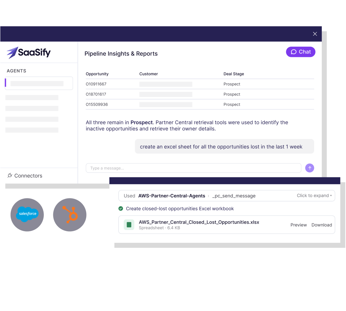 SaaSify Agent chat panel answering a pipeline question and generating a closed-lost opportunities Excel workbook
