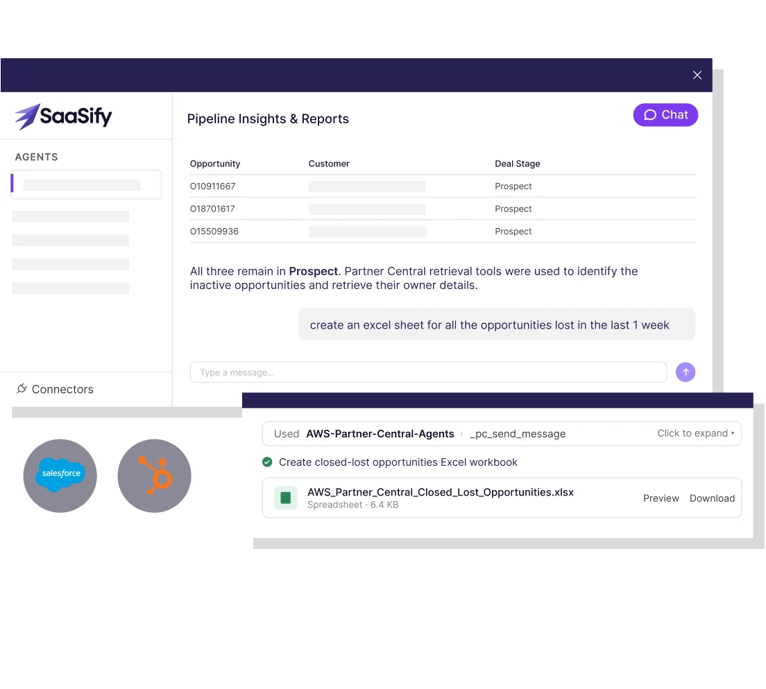 SaaSify Agent chat panel answering a pipeline question and generating a closed-lost opportunities Excel workbook