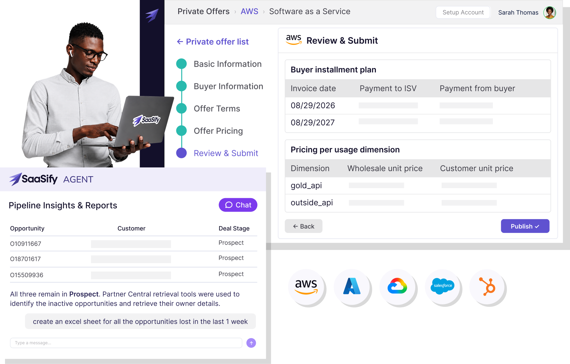 SaaSify agent reviewing an AWS private offer's Review & Submit step alongside pipeline insights and reports